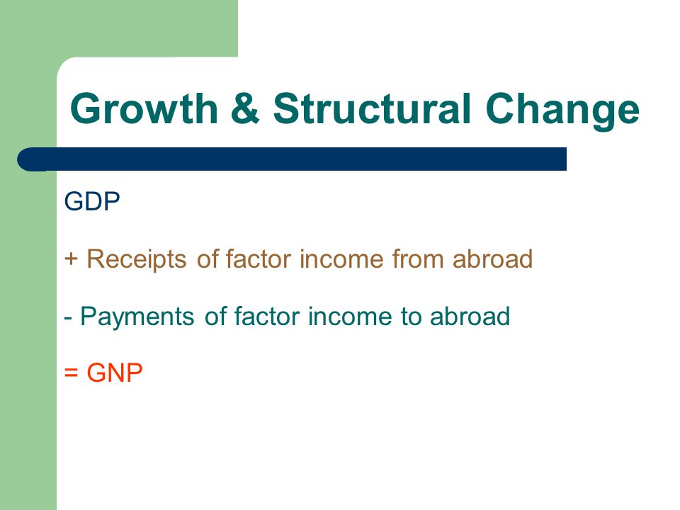 Growth & Structural Change GDP + Receipts of factor income from abroad - Payments of factor income to abroad = GNP