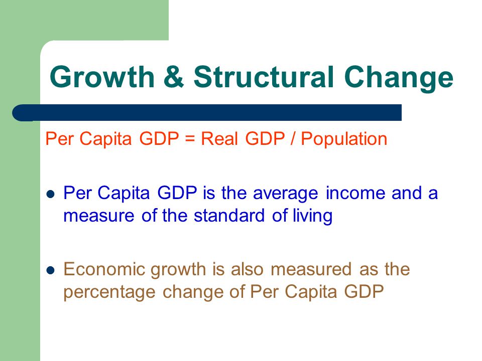 Growth & Structural Change Per Capita GDP = Real GDP / Population Per Capita GDP is the average income and a measure of the standard of living Economic growth is also measured as the percentage change of Per Capita GDP