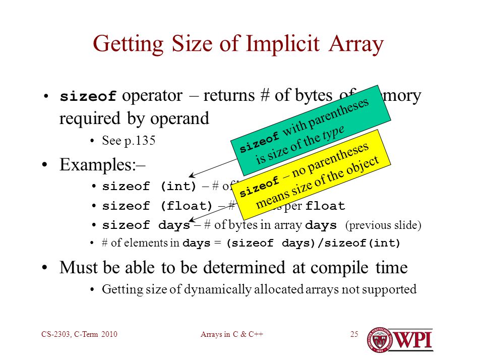 arrays in c c cs 2303 c term arrays in c c including a get size of array c