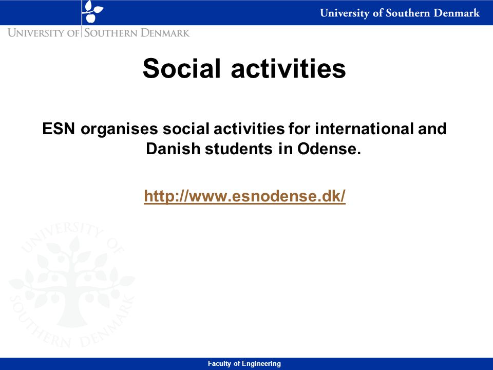 ESN organises social activities for international and Danish students in Odense.