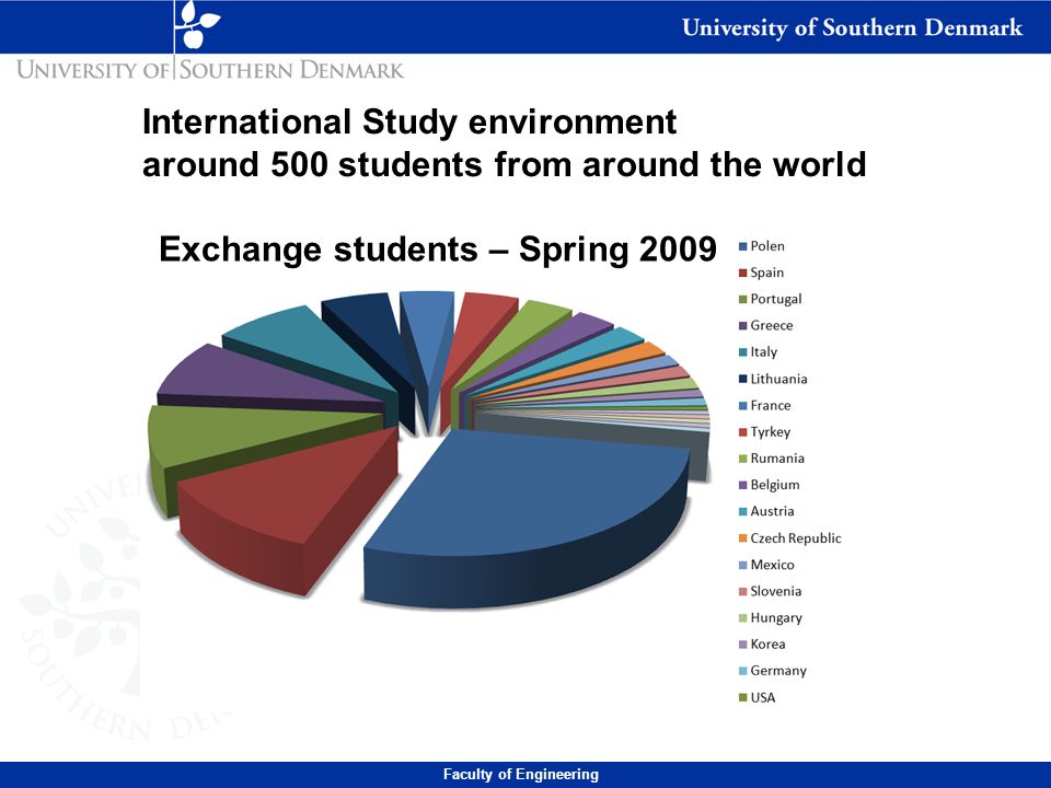 International Study environment around 500 students from around the world Exchange students – Spring 2009 Faculty of Engineering