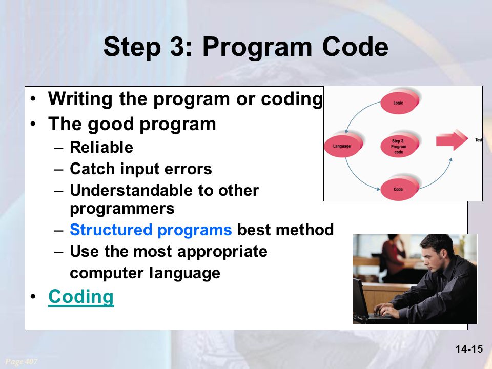 14-15 Step 3: Program Code Writing the program or coding The good program –Reliable –Catch input errors –Understandable to other programmers –Structured programs best method –Use the most appropriate computer language Coding Page 407