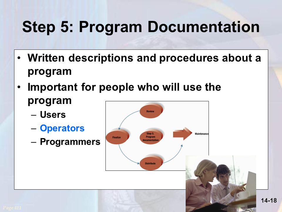 14-18 Step 5: Program Documentation Written descriptions and procedures about a program Important for people who will use the program –Users –Operators –Programmers Page 411
