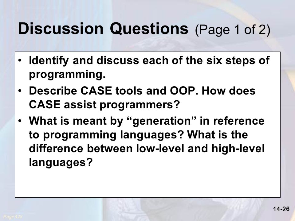 14-26 Discussion Questions (Page 1 of 2) Identify and discuss each of the six steps of programming.