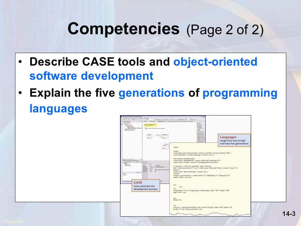 14-3 Competencies (Page 2 of 2) Describe CASE tools and object-oriented software development Explain the five generations of programming languages Page 398