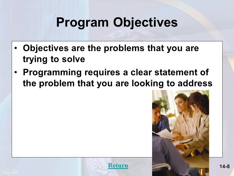 14-8 Program Objectives Objectives are the problems that you are trying to solve Programming requires a clear statement of the problem that you are looking to address Return Page 401