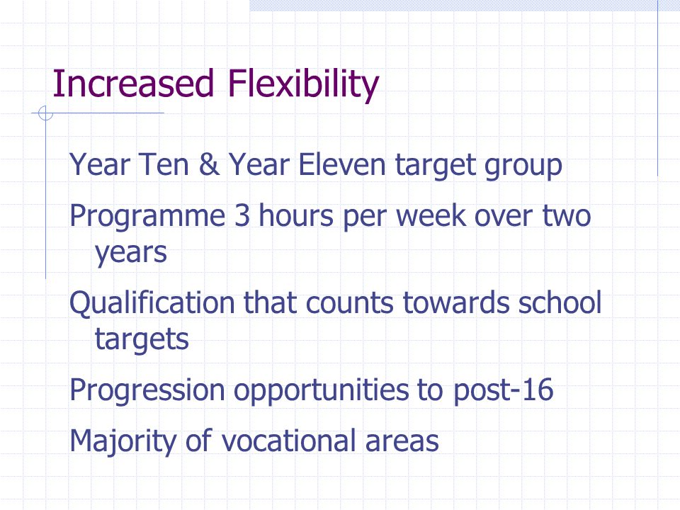 Increased Flexibility Year Ten & Year Eleven target group Programme 3 hours per week over two years Qualification that counts towards school targets Progression opportunities to post-16 Majority of vocational areas