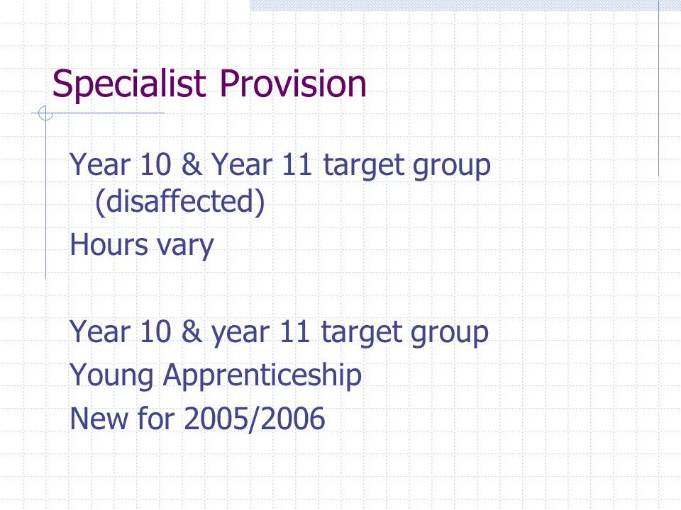 Specialist Provision Year 10 & Year 11 target group (disaffected) Hours vary Year 10 & year 11 target group Young Apprenticeship New for 2005/2006