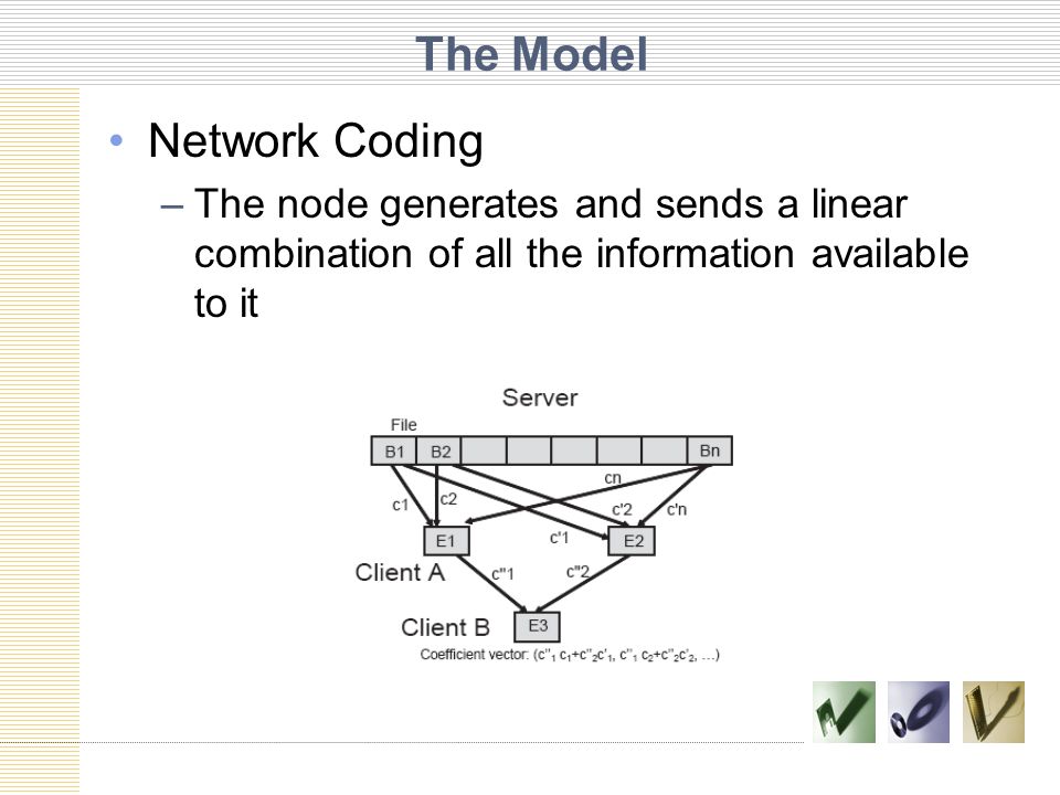 The Model Network Coding –The node generates and sends a linear combination of all the information available to it