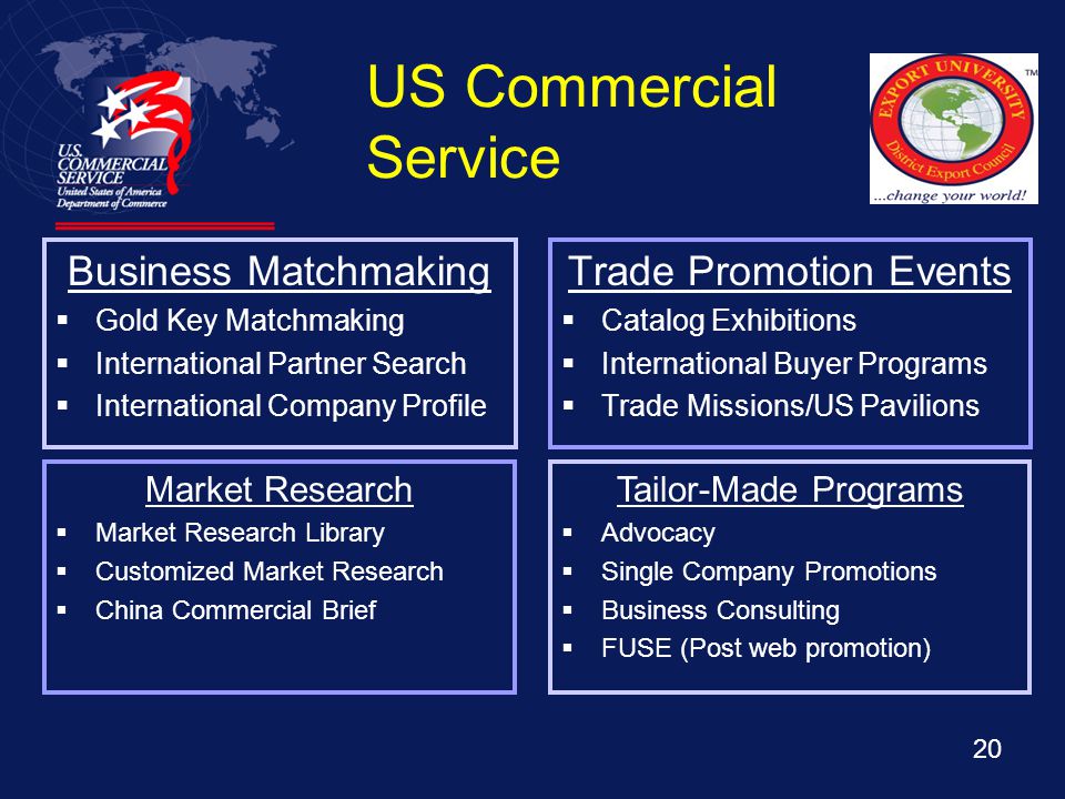 19  Trade specialists in over 100 U.S. cities and 83 countries worldwide...