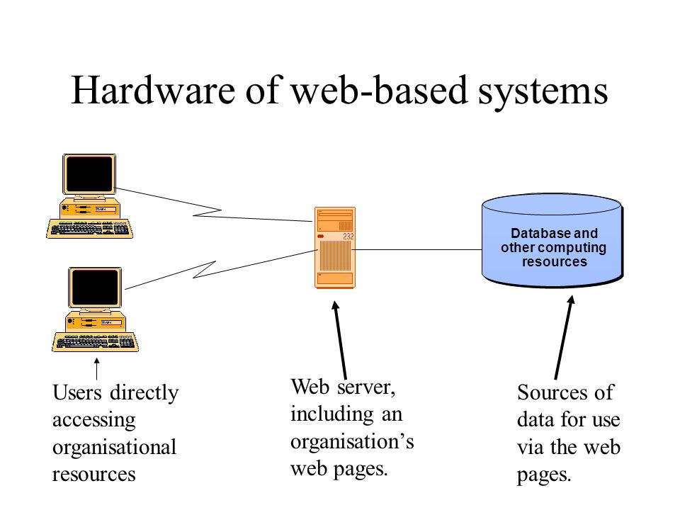 Hardware of web-based systems Database and other computing resources Users directly accessing organisational resources Web server, including an organisation’s web pages.
