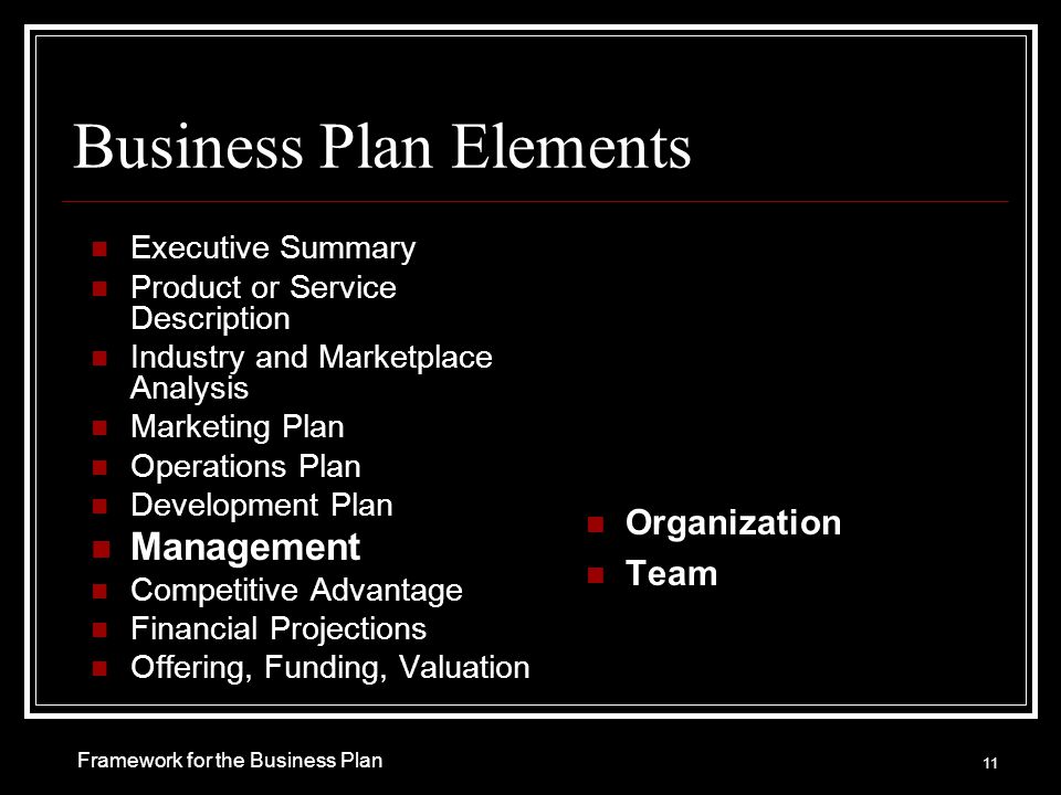 Business Plan Elements Executive Summary Product or Service Description Industry and Marketplace Analysis Marketing Plan Operations Plan Development Plan Management Competitive Advantage Financial Projections Offering, Funding, Valuation Organization Team 11 Framework for the Business Plan