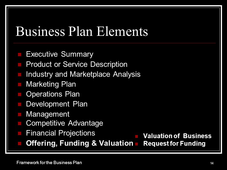 Business Plan Elements Executive Summary Product or Service Description Industry and Marketplace Analysis Marketing Plan Operations Plan Development Plan Management Competitive Advantage Financial Projections Offering, Funding & Valuation Valuation of Business Request for Funding 14 Framework for the Business Plan