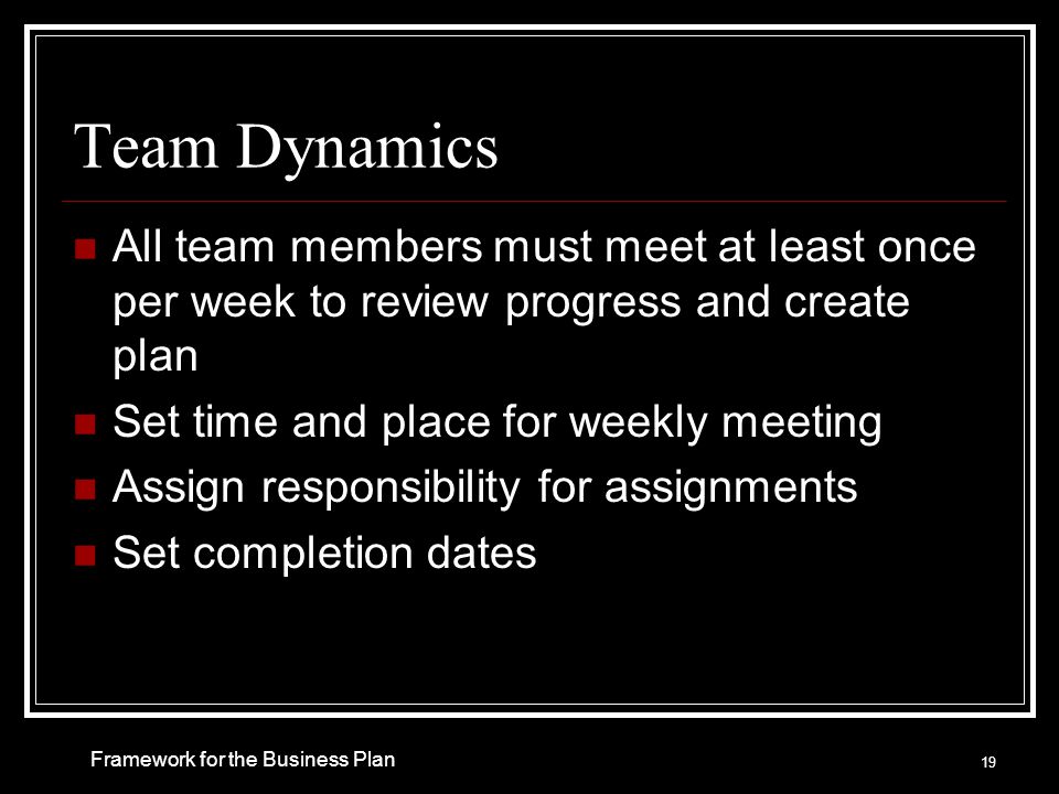 Team Dynamics All team members must meet at least once per week to review progress and create plan Set time and place for weekly meeting Assign responsibility for assignments Set completion dates Framework for the Business Plan 19