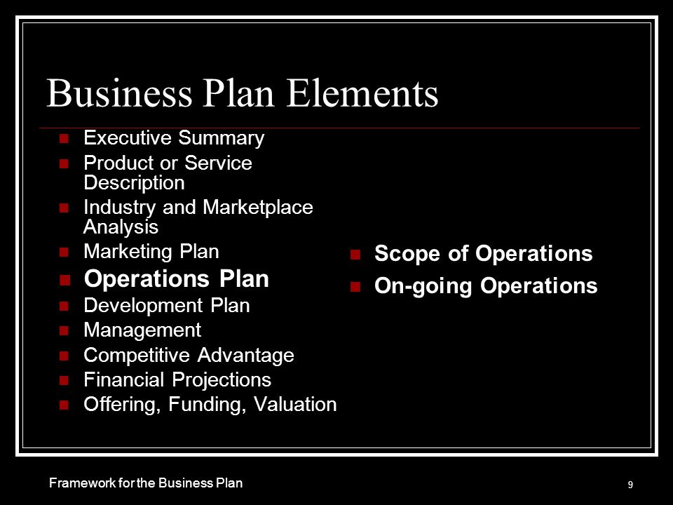 Business Plan Elements Executive Summary Product or Service Description Industry and Marketplace Analysis Marketing Plan Operations Plan Development Plan Management Competitive Advantage Financial Projections Offering, Funding, Valuation Scope of Operations On-going Operations 9 Framework for the Business Plan