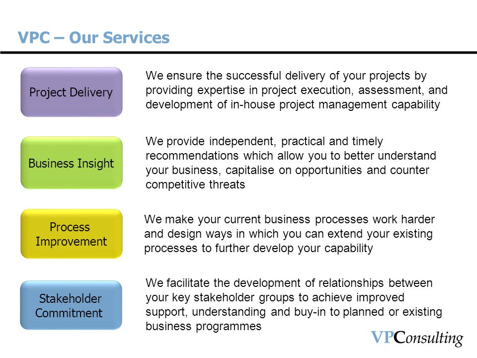 We ensure the successful delivery of your projects by providing expertise in project execution, assessment, and development of in-house project management capability Project Delivery VPC – Our Services We provide independent, practical and timely recommendations which allow you to better understand your business, capitalise on opportunities and counter competitive threats Business Insight We make your current business processes work harder and design ways in which you can extend your existing processes to further develop your capability Process Improvement We facilitate the development of relationships between your key stakeholder groups to achieve improved support, understanding and buy-in to planned or existing business programmes Stakeholder Commitment