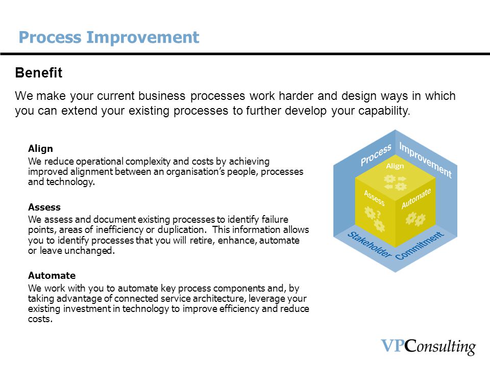 Process Improvement Benefit We make your current business processes work harder and design ways in which you can extend your existing processes to further develop your capability.