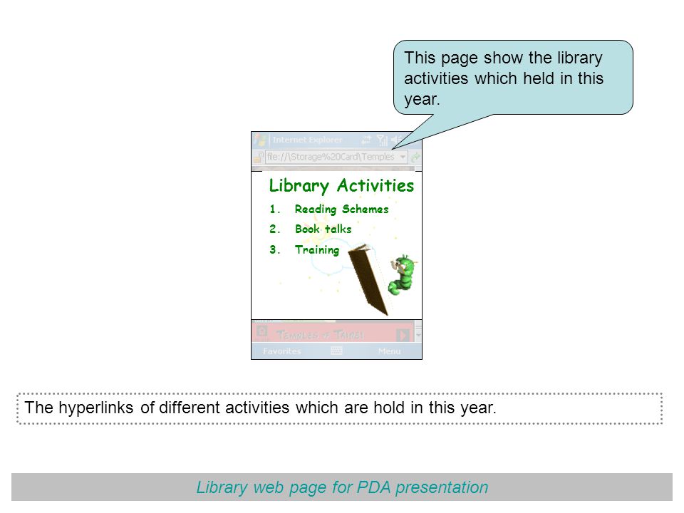 Library web page for PDA presentation The hyperlinks of different activities which are hold in this year.