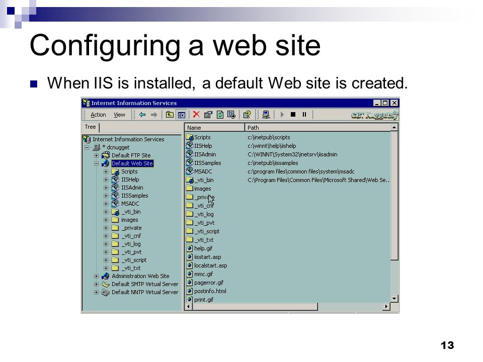 13 Configuring a web site When IIS is installed, a default Web site is created.
