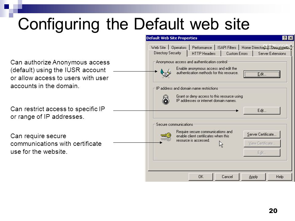 20 Configuring the Default web site Can require secure communications with certificate use for the website.