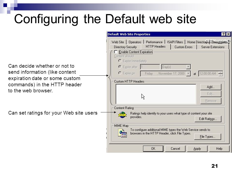 21 Configuring the Default web site Can set ratings for your Web site users Can decide whether or not to send information (like content expiration date or some custom commands) in the HTTP header to the web browser.