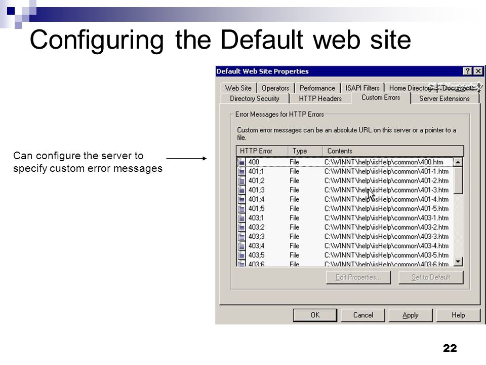 22 Configuring the Default web site Can configure the server to specify custom error messages