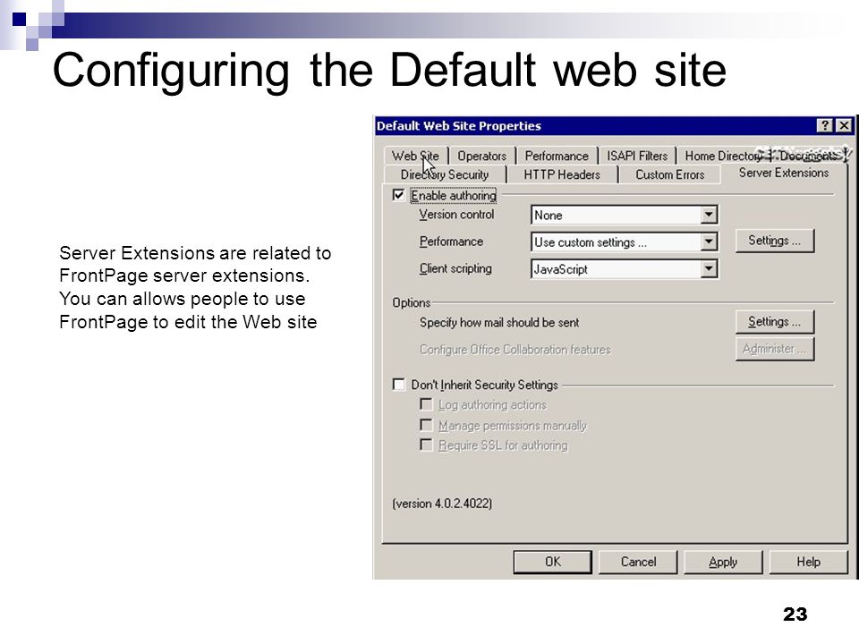 23 Configuring the Default web site Server Extensions are related to FrontPage server extensions.