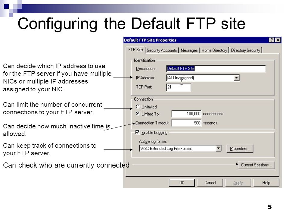 5 Configuring the Default FTP site Can decide how much inactive time is allowed.