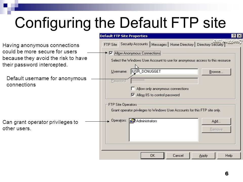 6 Configuring the Default FTP site Having anonymous connections could be more secure for users because they avoid the risk to have their password intercepted.