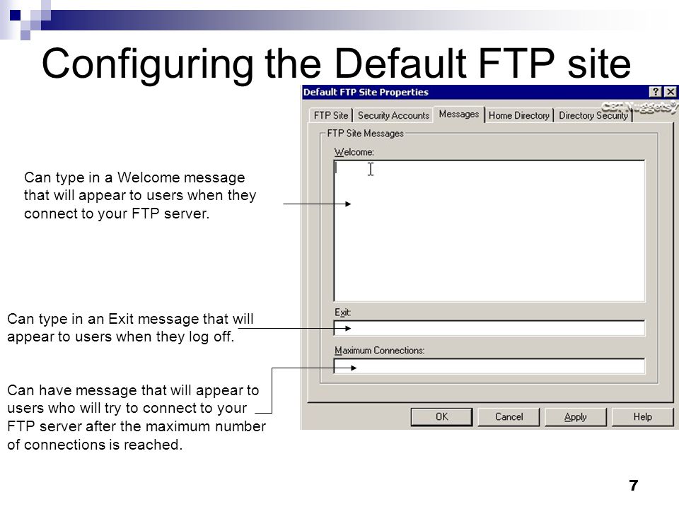 7 Configuring the Default FTP site Can type in a Welcome message that will appear to users when they connect to your FTP server.