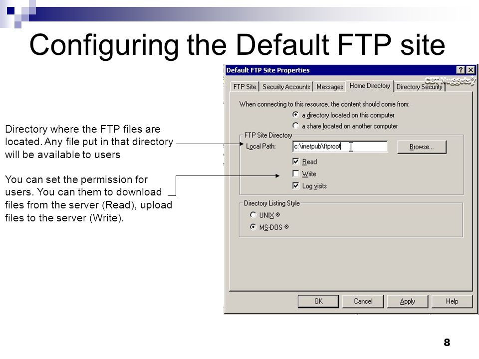 8 Configuring the Default FTP site Directory where the FTP files are located.