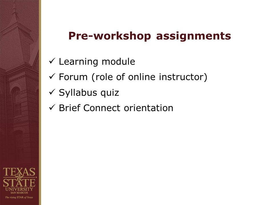 Pre-workshop assignments Learning module Forum (role of online instructor) Syllabus quiz Brief Connect orientation