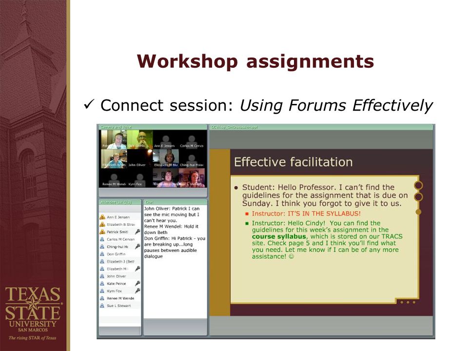 Workshop assignments Connect session: Using Forums Effectively
