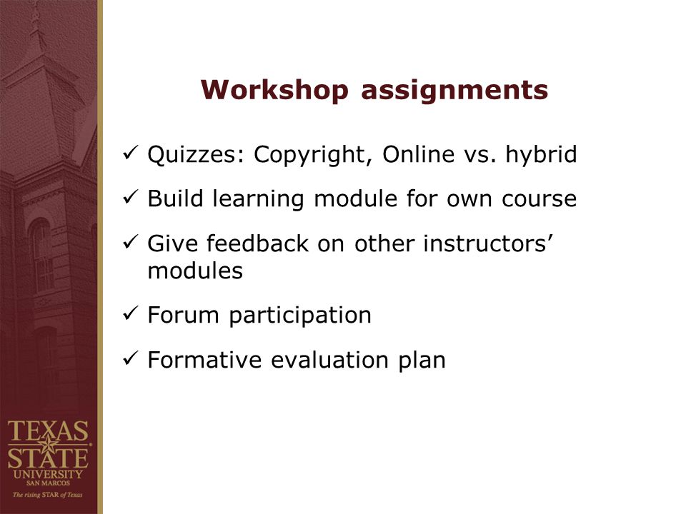 Workshop assignments Quizzes: Copyright, Online vs.