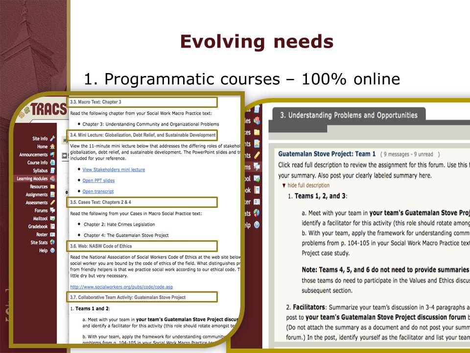 Evolving needs 1. Programmatic courses – 100% online