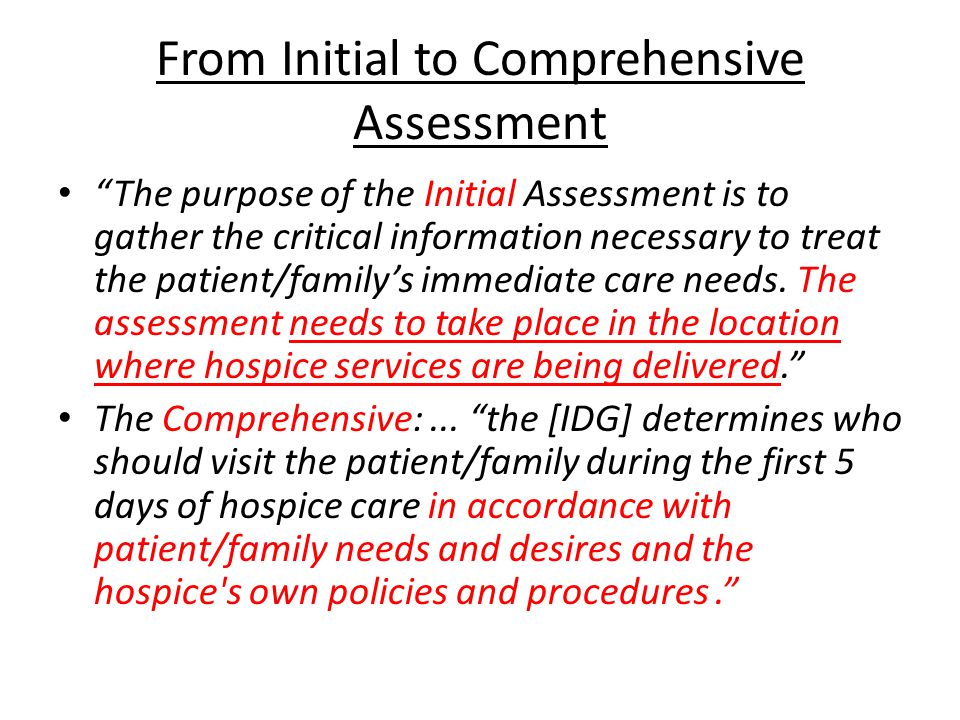 From Initial to Comprehensive Assessment The purpose of the Initial Assessment is to gather the critical information necessary to treat the patient/family’s immediate care needs.