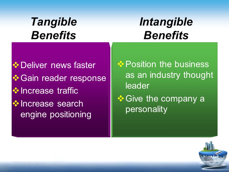 Tangible Benefits  Deliver news faster  Gain reader response  Increase traffic  Increase search engine positioning  Position the business as an industry thought leader  Give the company a personality Intangible Benefits