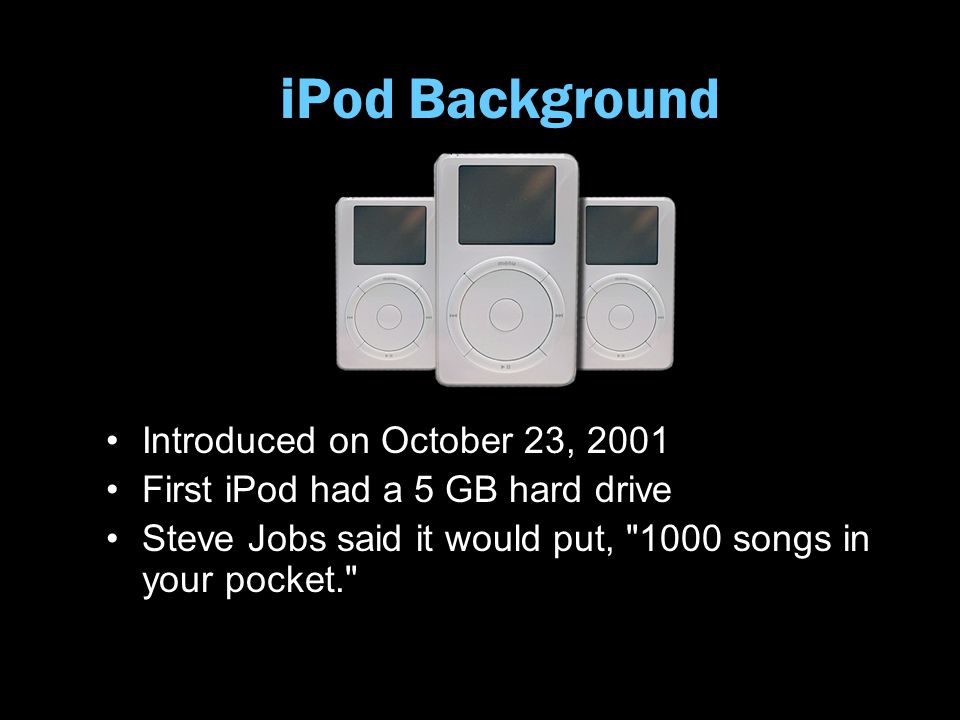 iPod Background Introduced on October 23, 2001 First iPod had a 5 GB hard drive Steve Jobs said it would put, 1000 songs in your pocket.