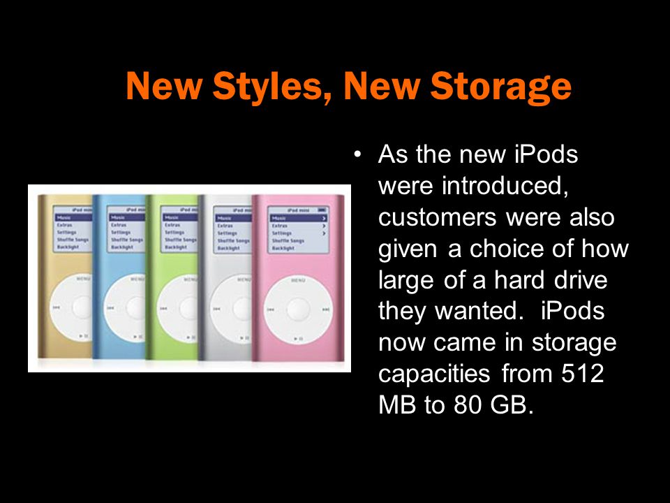 New Styles, New Storage As the new iPods were introduced, customers were also given a choice of how large of a hard drive they wanted.
