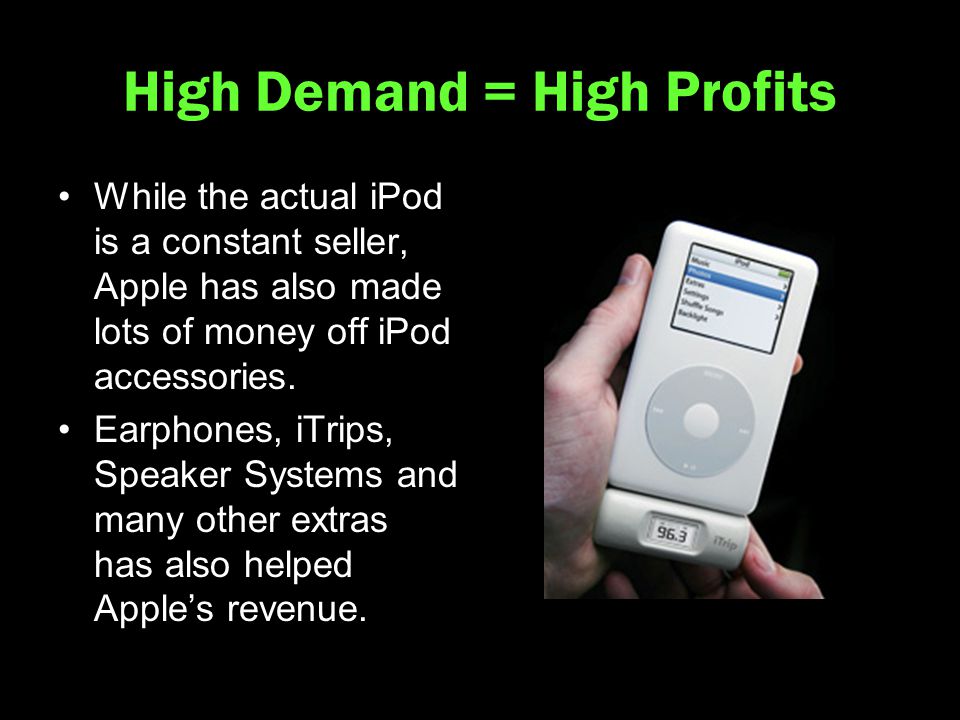 High Demand = High Profits While the actual iPod is a constant seller, Apple has also made lots of money off iPod accessories.