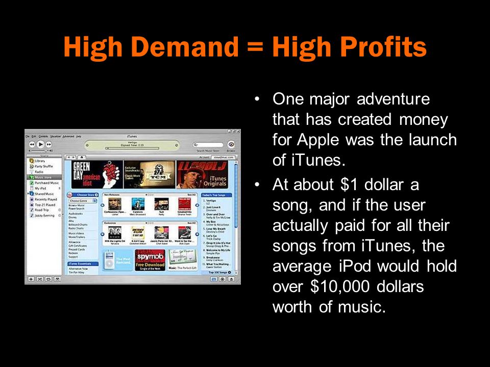 High Demand = High Profits One major adventure that has created money for Apple was the launch of iTunes.