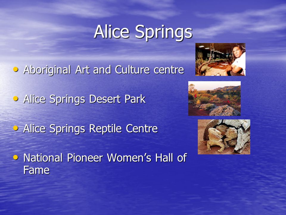 Aboriginal Art and Culture centre Aboriginal Art and Culture centre Alice Springs Desert Park Alice Springs Desert Park Alice Springs Reptile Centre Alice Springs Reptile Centre National Pioneer Women’s Hall of Fame National Pioneer Women’s Hall of Fame