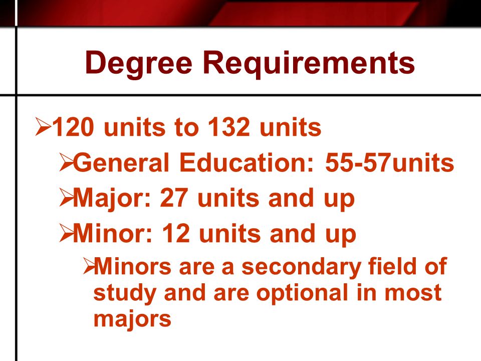 Degree Requirements  120 units to 132 units  General Education: 55-57units  Major: 27 units and up  Minor: 12 units and up  Minors are a secondary field of study and are optional in most majors