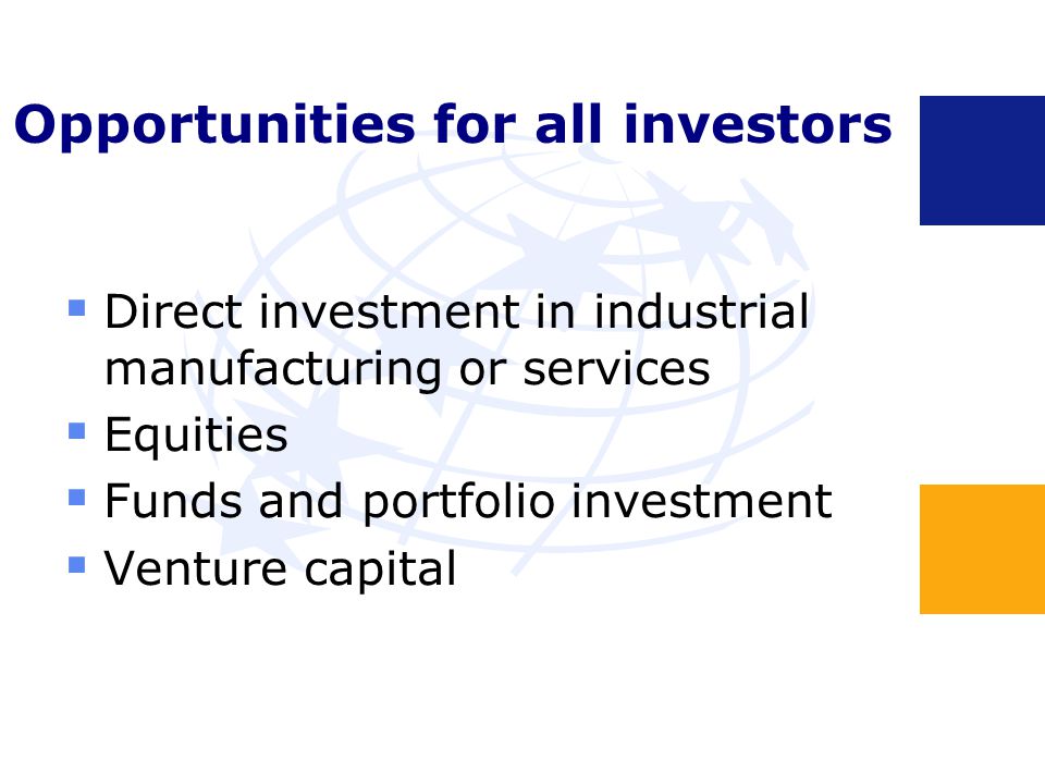Opportunities for all investors  Direct investment in industrial manufacturing or services  Equities  Funds and portfolio investment  Venture capital