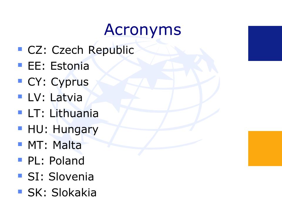 Acronyms  CZ: Czech Republic  EE: Estonia  CY: Cyprus  LV: Latvia  LT: Lithuania  HU: Hungary  MT: Malta  PL: Poland  SI: Slovenia  SK: Slokakia