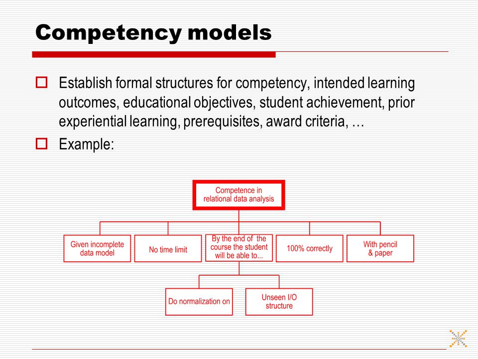 Competency models  Establish formal structures for competency, intended learning outcomes, educational objectives, student achievement, prior experiential learning, prerequisites, award criteria, …  Example: