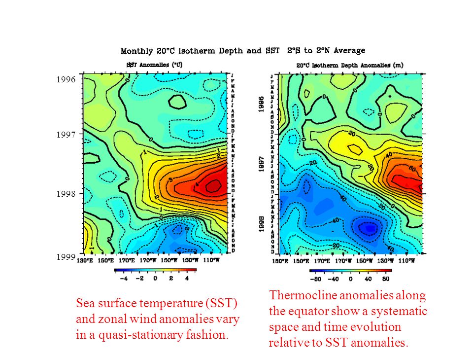 Sea surface temperature (SST) and zonal wind anomalies vary in a quasi-stationary fashion.