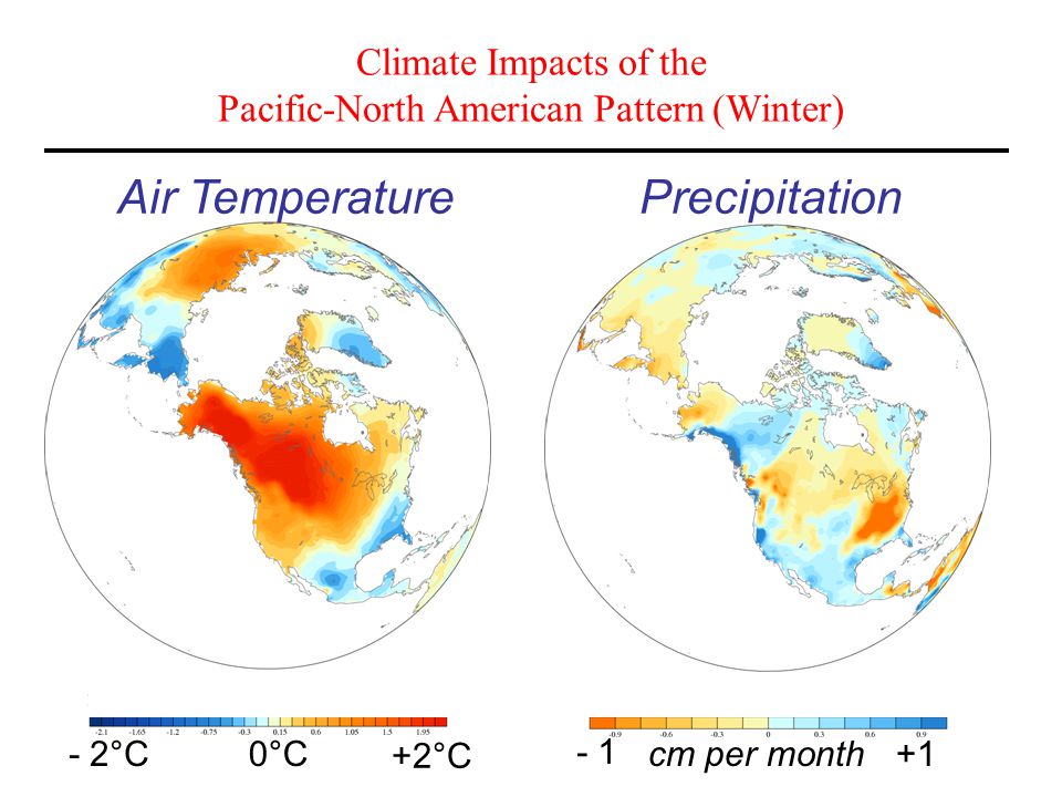 Climate Impacts of the Pacific-North American Pattern (Winter) Air TemperaturePrecipitation +2°C - 2°C0°C0°C cm per month
