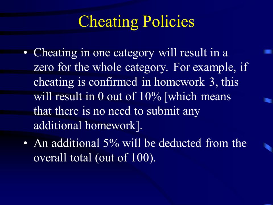 Cheating Policies Cheating in one category will result in a zero for the whole category.