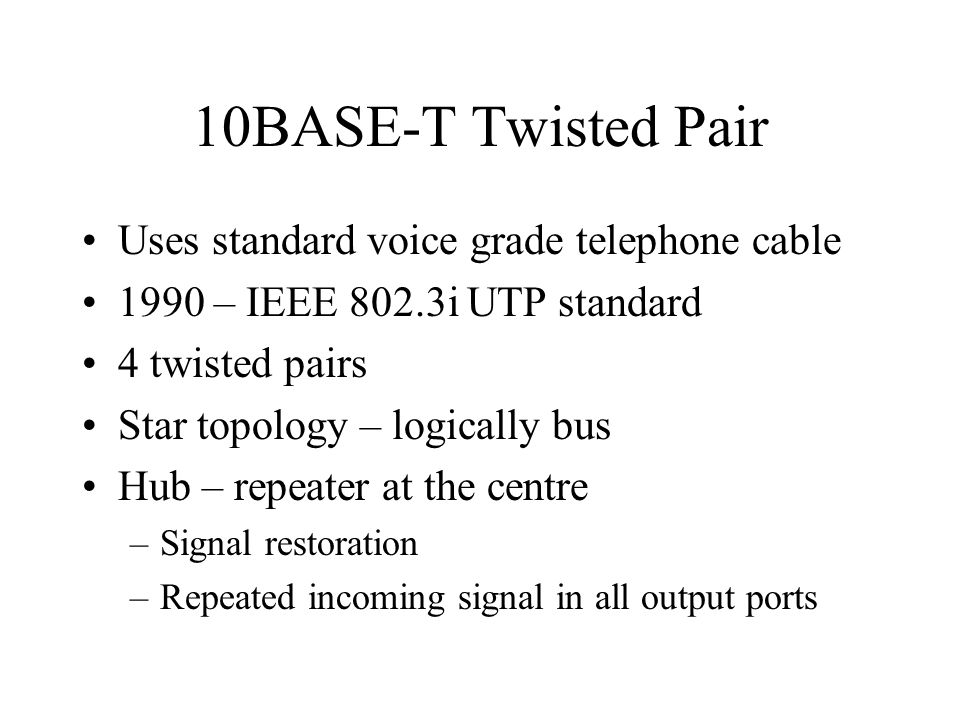 10BASE-T Twisted Pair Uses standard voice grade telephone cable 1990 – IEEE 802.3i UTP standard 4 twisted pairs Star topology – logically bus Hub – repeater at the centre –Signal restoration –Repeated incoming signal in all output ports